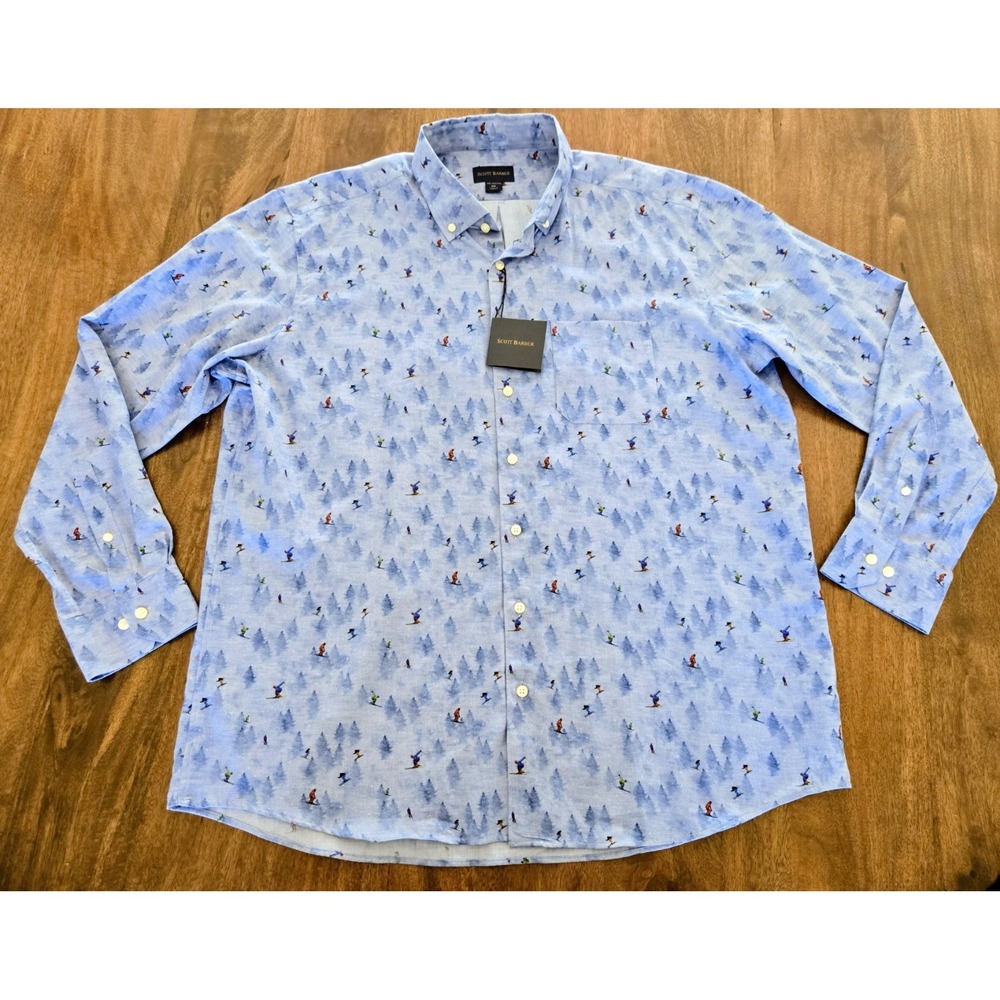 Scott Barber Men's XXL Button-Up Long Sleeve Shirt Blue/Skiers & Trees #71180